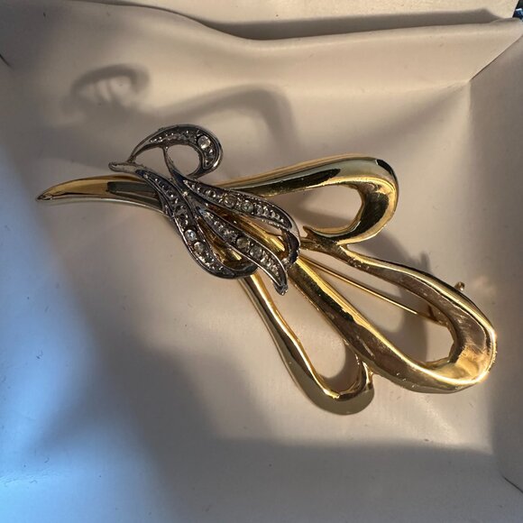 Two Tone Swoosh Statement Brooch With Rhinestones Vintage - Picture 3 of 3